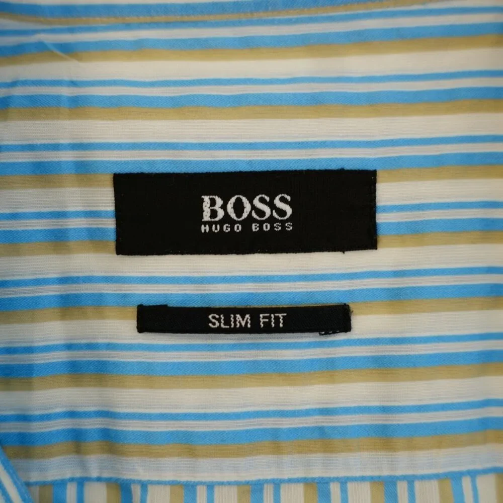Hugo Boss Slim Fit Blue Tan‎ White Striped XL Collared Dress Shirt Long Sleeve - Picture 8 of 10